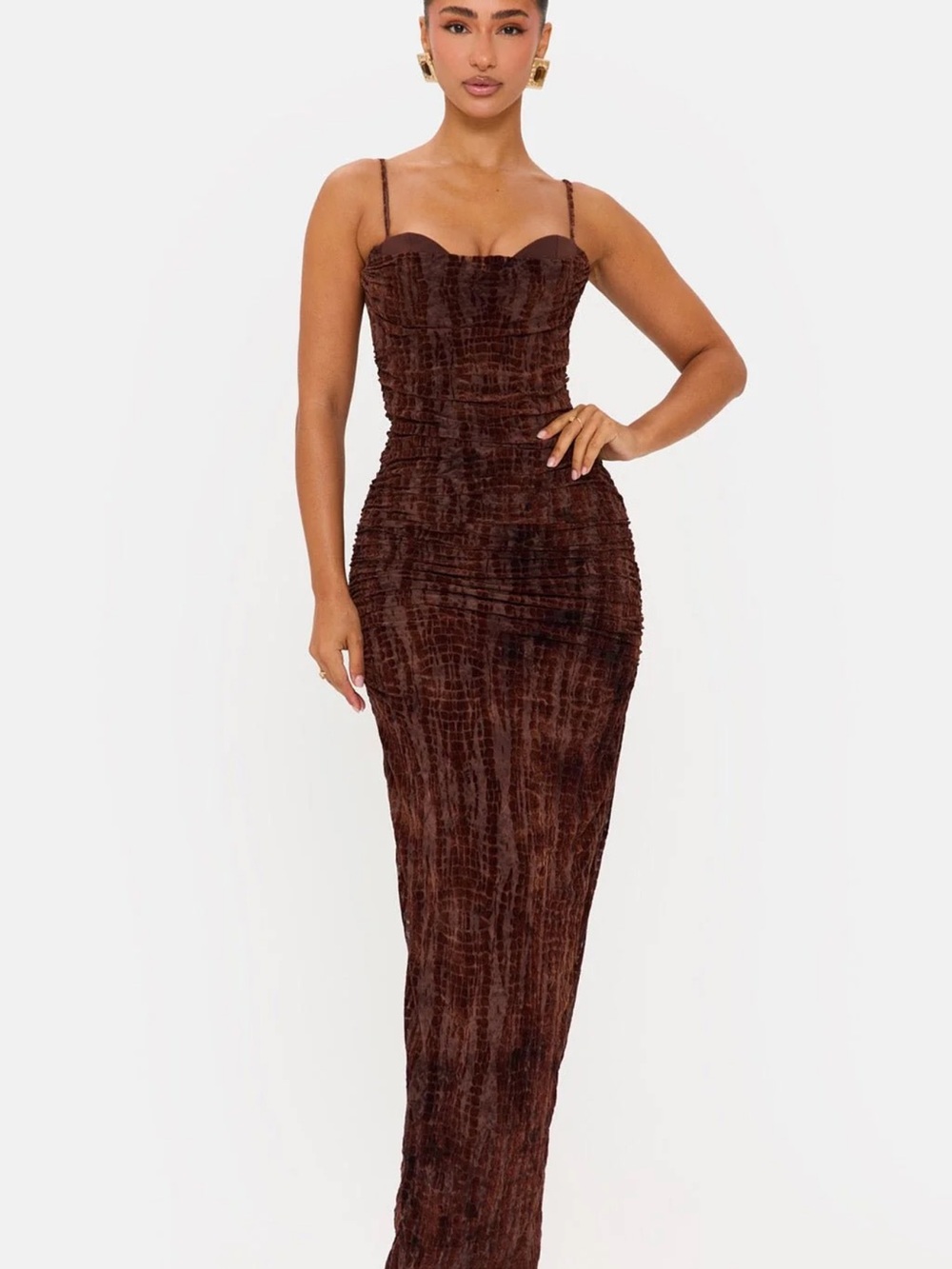 Brown Ruched Maxi Dress with Sweetheart Neckline, never worn, all tags still on
